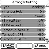 Menü műveletek Tempo Change Accel/Ritard, CPT, Fill Rit A Termpo Change Acceler/Ritard paraméter lehetővé teszi, hogy lelassítsa vagy felgyorsítsa a stílus tempóját az itt beállított értéknek