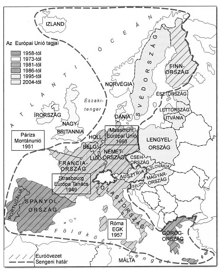 Érettségi feladatok gyűjteménye Egyetemes történelem Emelt szint 147 7. A feladat az európai integrációval kapcsolatos. (E/4) A térkép és ismeretei alapján válaszoljon a kérdésekre!
