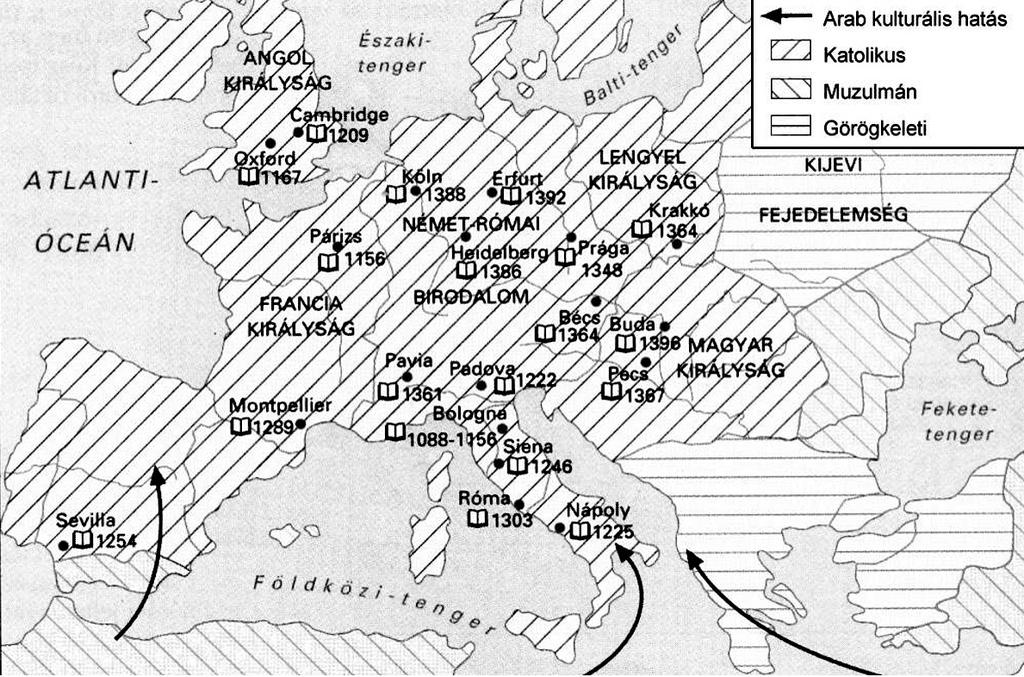 Érettségi feladatok gyűjteménye Egyetemes történelem Emelt szint 48 24. A feladat a középkori egyetemekkel kapcsolatos. (E/3) Oldja meg a feladatot a térképvázlat és ismeretei segítségével!