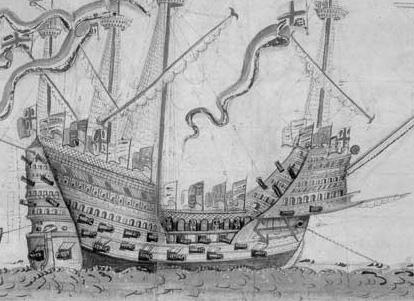 e) A korabeli rajz a háborút indító fél egyik hajóját, a Mária Rózsáját ábrázolja, mely még az 1545-ben vívott csata kezdetén elsüllyedt.