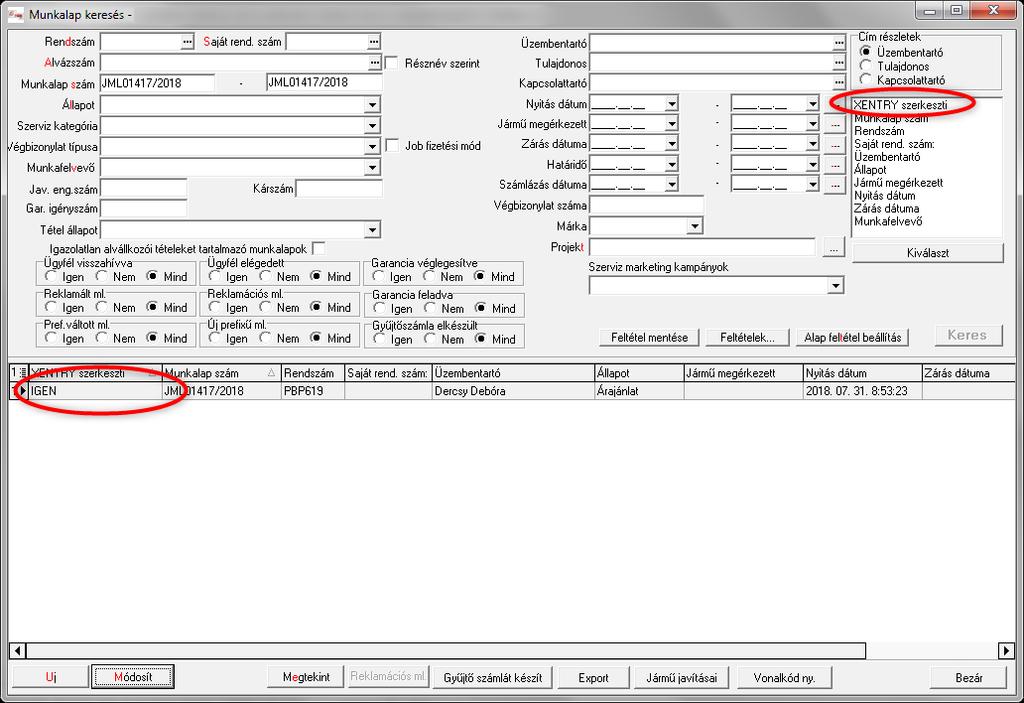 A munkalap lekérdező felület egy új kiválasztható mezővel bővült, neve XENTRY szerkeszti, két értéket vehet fel, az IGEN esetén a munkalapot a XENTRY Portal Pro interfész rendszer szerkeszti a