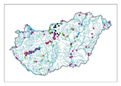 Sampling sites in Hungary, 2016: 1: Survey monitoring; 2: Periodic monitoring; 3: Natural