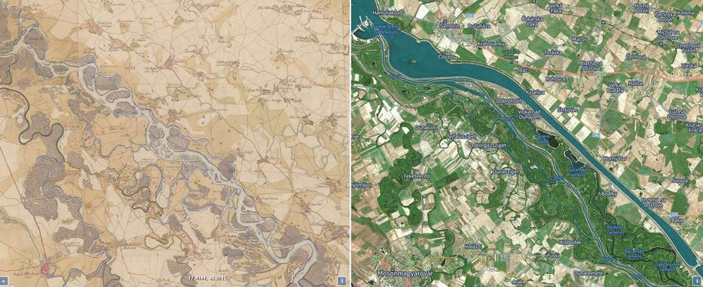 A Szigetközi térség a Duna elterelése előtt és után Szigetköz-Csallóköz egyedülálló természeti képződmény az 1850-1811 fkm szelvények között a Duna középső deltája Az intenzív folyamszabályozás és az