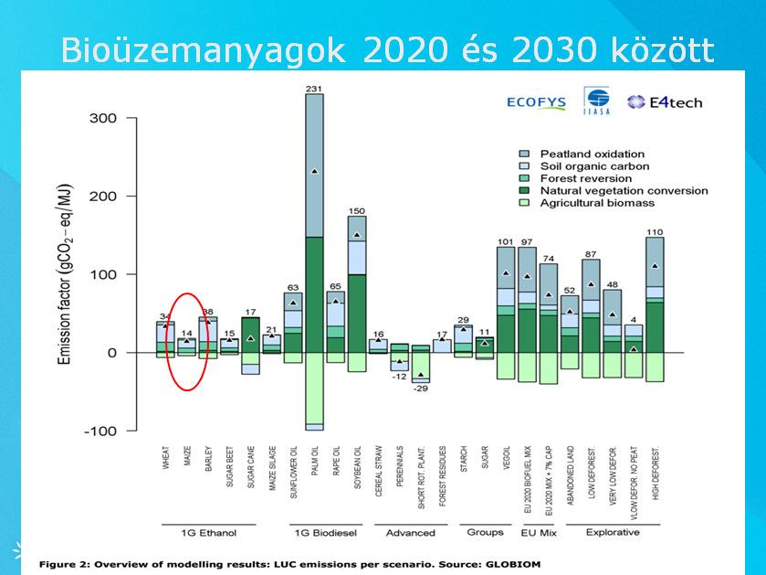 Ez az összefoglaló ábra mutatja, hogy a teljes EU-beli bioüzemanyagfelhasználáshozmegajoulonkéntmennyi CO 2 eqértéket kell rendelni amiatt, mert a nyersanyag megtermeléséhez új területekre van