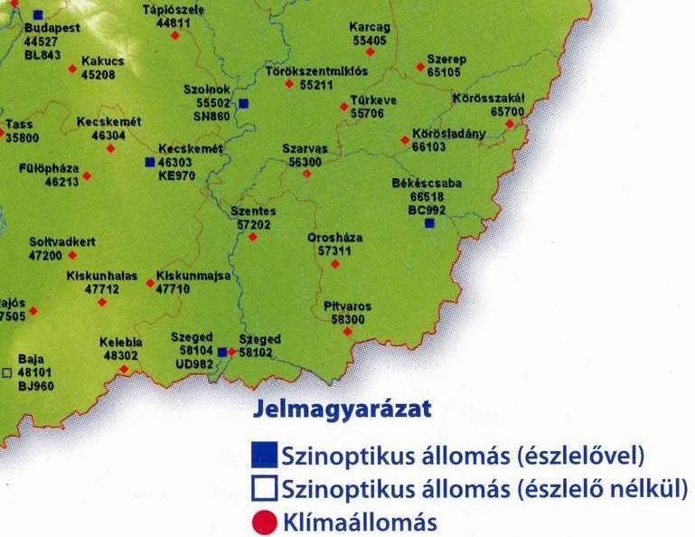 10. ábra. Az OMSZ állomáshálózata az ország DK-i részében (2008.