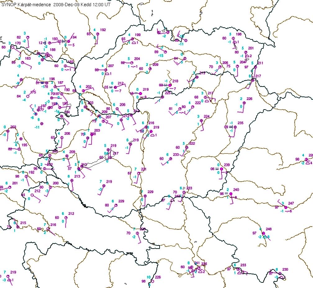 6. ábra. Synop állomások mérési adatai A 6. ábrán azt kell meglátnunk, ami nincs. Ugyanis a szolnoki meteorológiai állomás körülbelül 80 km-es körzetében mindössze egyetlen egy(!