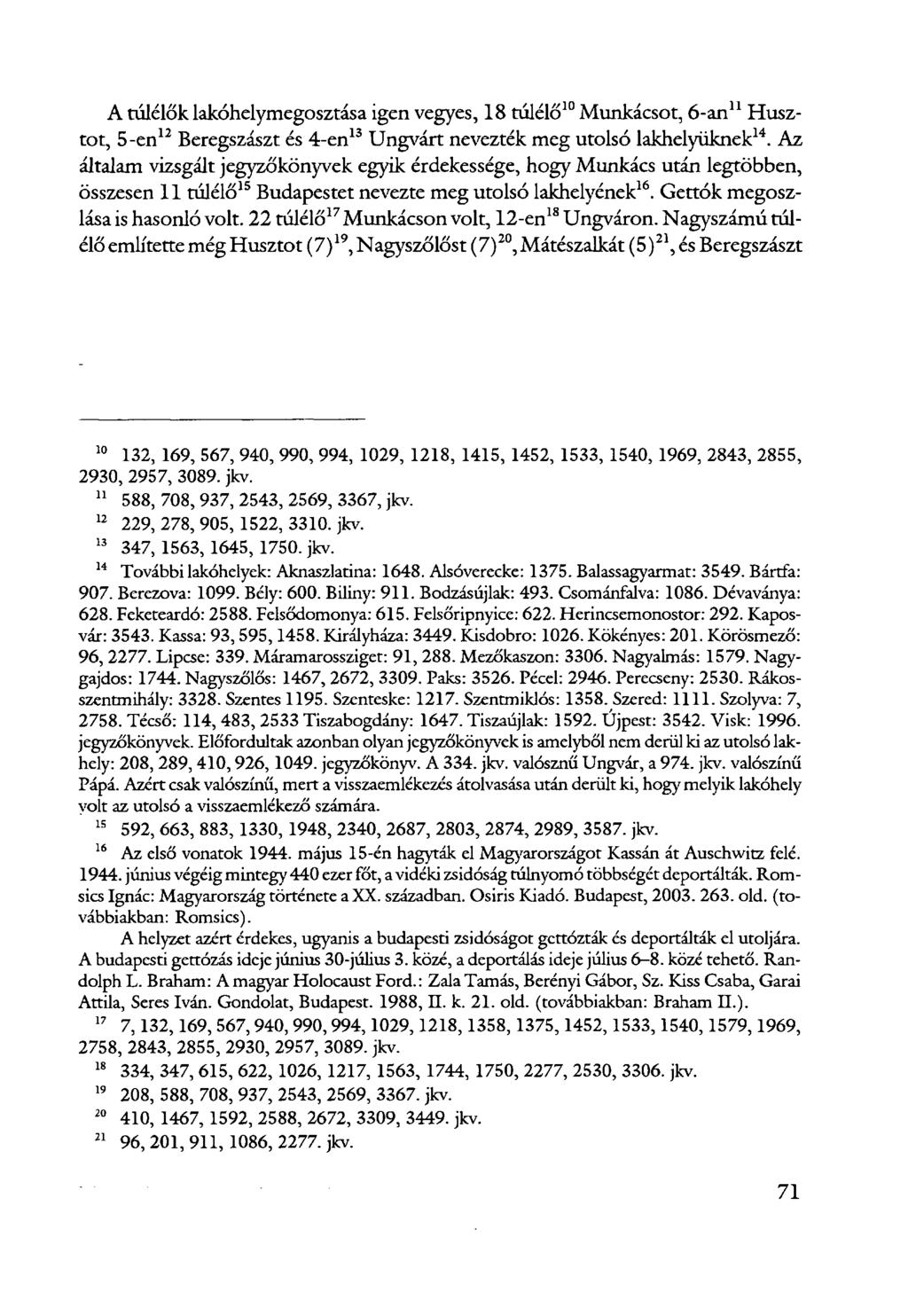 A túlélők lakóhelymegosztása igen vegyes, 18 túlélő 10 Munkácsot, 6-an 11 Husztot, 5-en 12 Beregszászt és 4-en 13 Ungvárt nevezték meg utolsó lakhelyüknek 14.