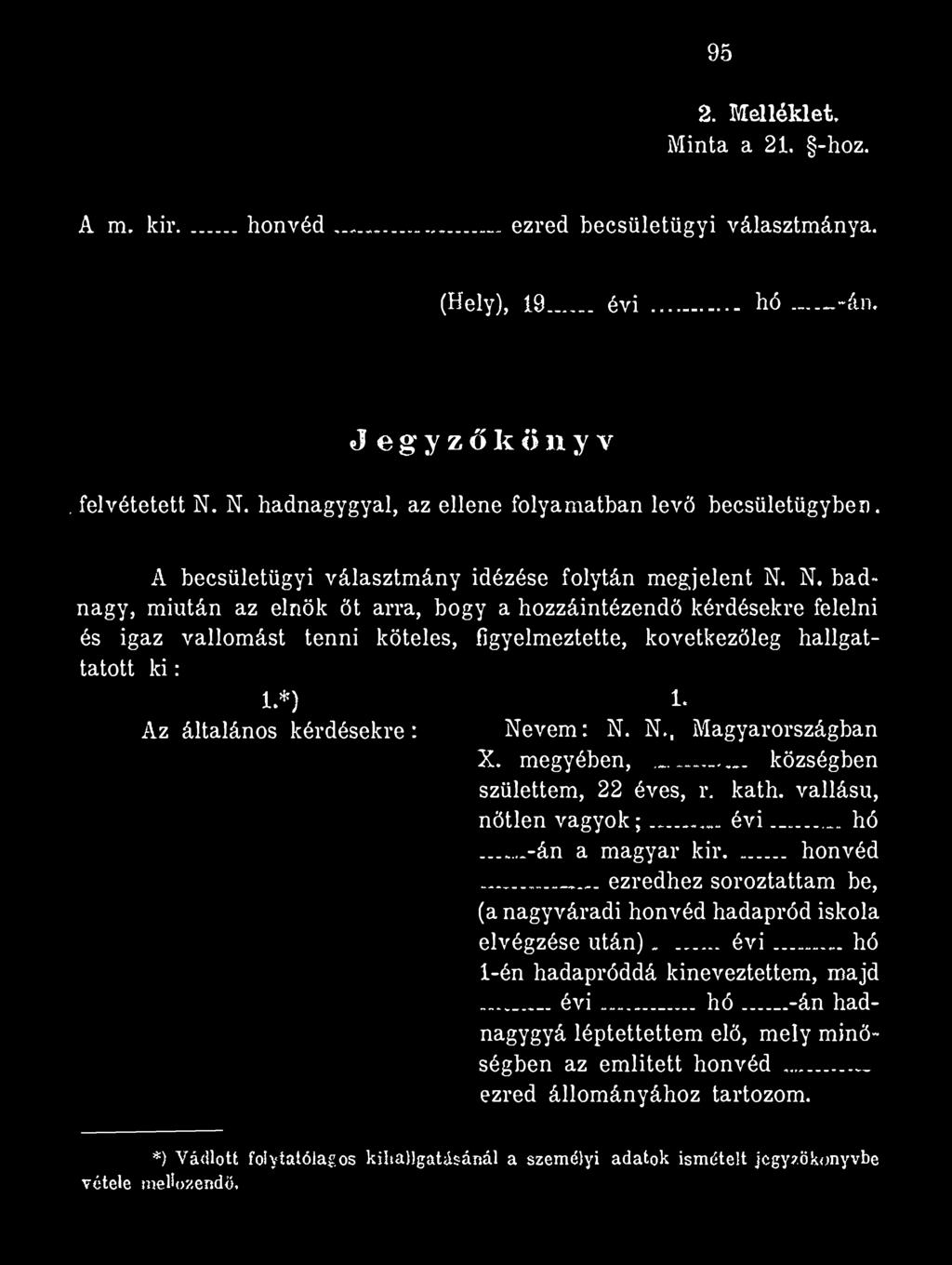 95 2. Melléklet, Minta a 21. -hoz. A m. kir... honvéd ezred becsületügyi választmánya. (Hely), 19... évi... h ó ----- ~án. Jegyzőkönyv. felvétetett N.