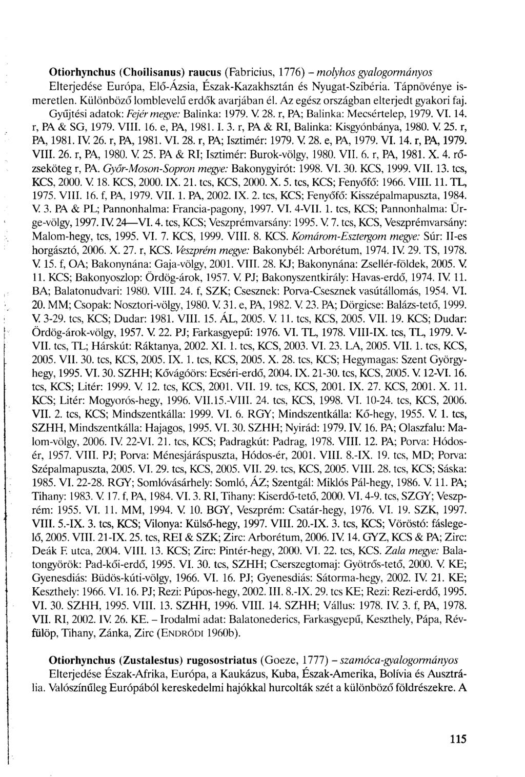 Otiorhynchus (Choilisanus) raucus (Fabricius, 1776) - molyhos gyalogormányos Elterjedése Európa, Elő-Ázsia, Észak-Kazakhsztán és Nyugat-Szibéria. Tápnövénye ismeretlen.