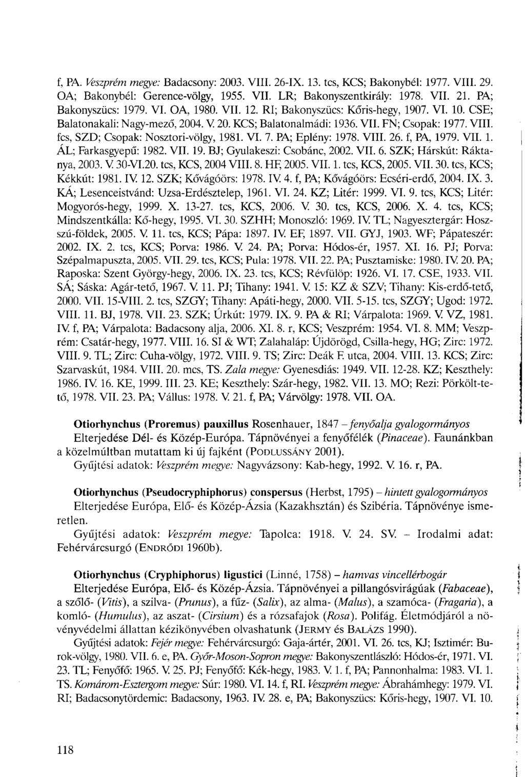 f, PA. Veszprém megye: Badacsony: 2003. VIII. 26-IX. 13. tes, KCS; Bakonybél: 1977. VIII. 29. OA; Bakonybél: Gerence-völgy, 1955. VII. LR; Bakonyszentkirály: 1978. VII. 21. PA; Bakonyszücs: 1979. VI. OA, 1980.
