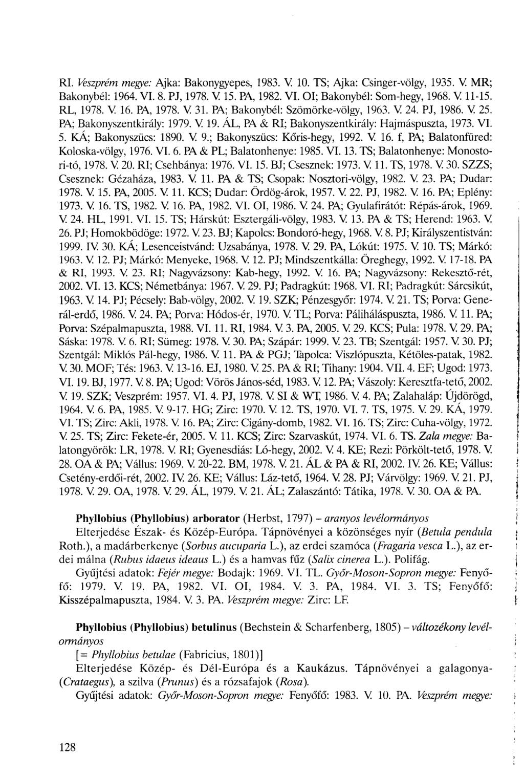 RI. Veszprém megye: Ajka: Bakonygyepes, 1983. V 10. TS; Ajka: Csinger-völgy, 1935. V MR; Bakonybél: 1964. VI. 8. PJ, 1978. V 15. PA, 1982. VI. OI; Bakonybél: Som-hegy, 1968. V 11-15. RL, 1978. V 16.