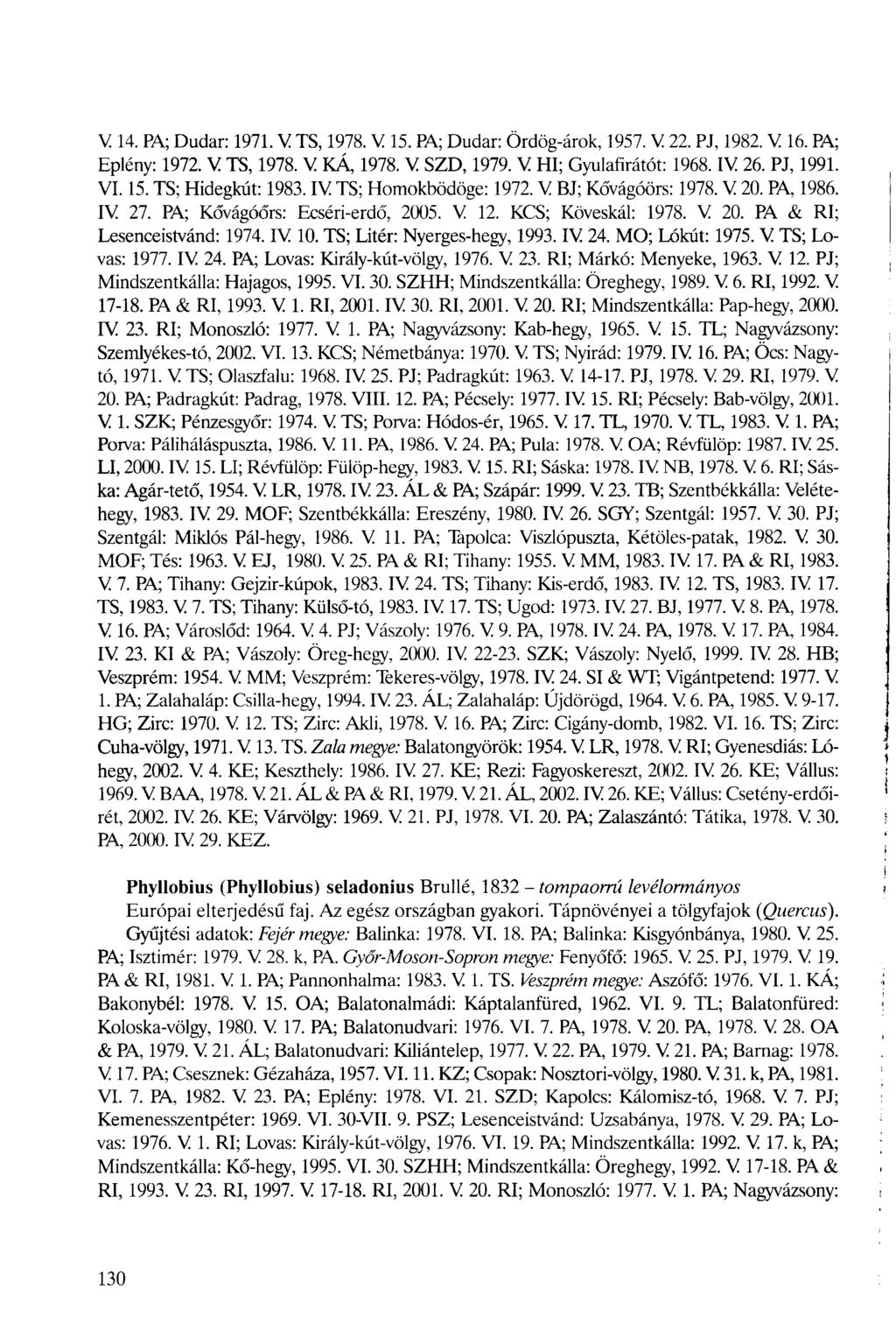 V 14. PA; Dudar: 1971. V TS, 1978. V 15. PA; Dudar: Ördög-árok, 1957. V 22. PJ, 1982. V 16. PA; Eplény: 1972. V TS, 1978. V KÁ, 1978. V SZD, 1979. V Hl; Gyulafirátót: 1968. IV 26. PJ, 1991. VI. 15. TS; Hidegkút: 1983.