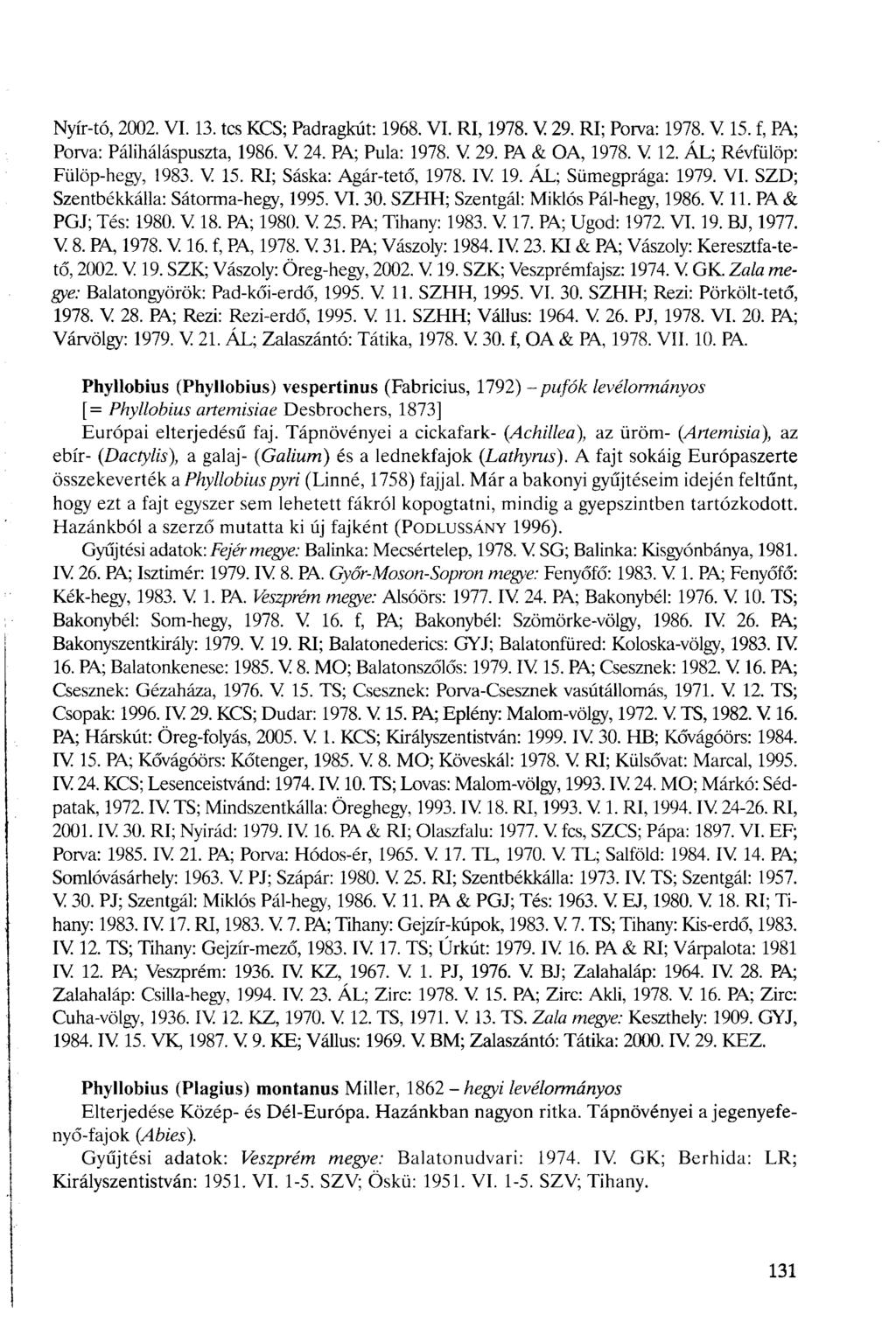 Nyír-tó, 2002. VI. 13. tes KCS; Padragkút: 1968. VI. RI, 1978. V 29. RI; Porva: 1978. V 15. f, PA; Porva: Páliháláspuszta, 1986. V 24. PA; Pula: 1978. V 29. PA & OA, 1978. V 12.