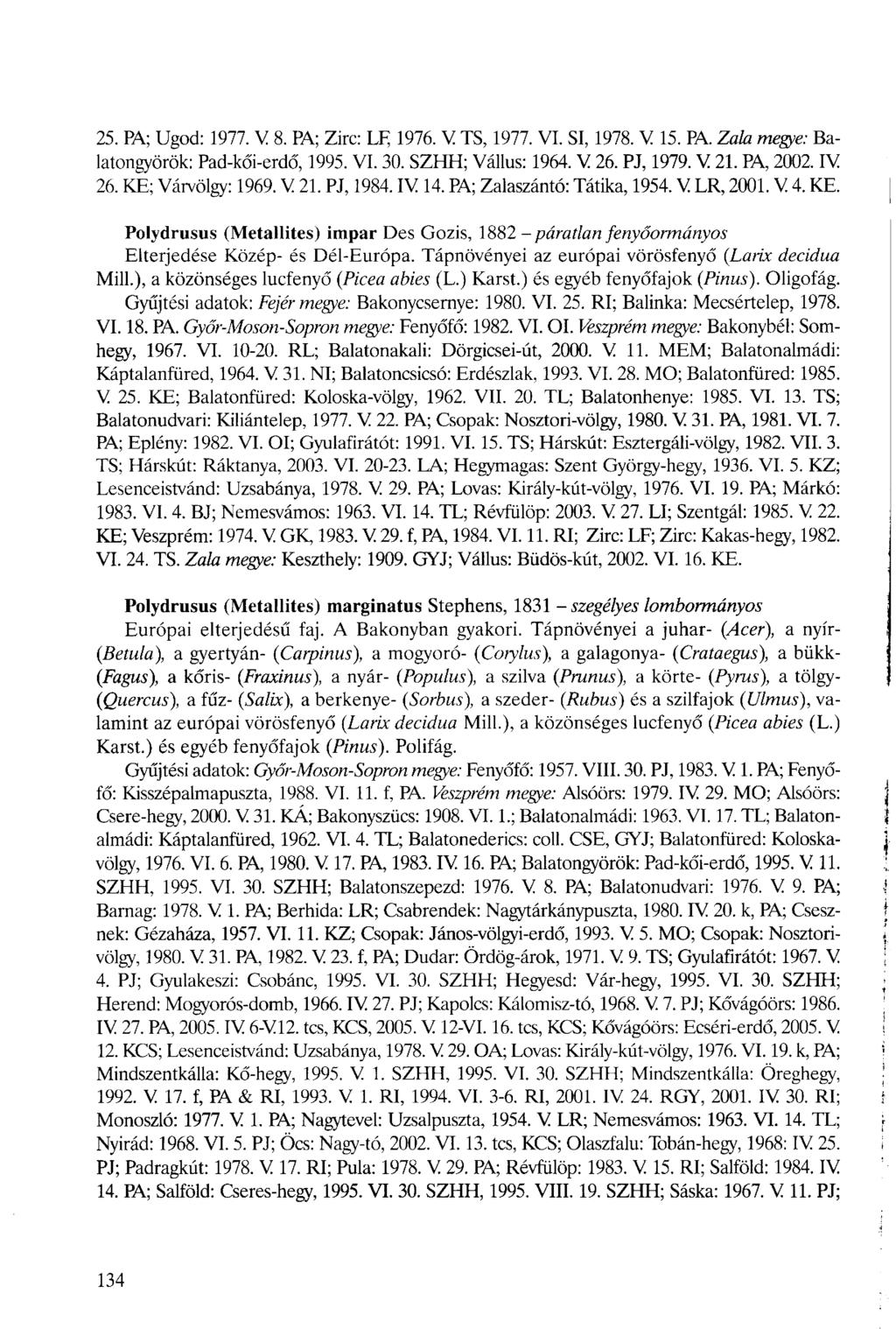 25. PA; Ugod: 1977. V 8. PA; Zirc: LF, 1976. V TS, 1977. VI. SI, 1978. V 15. PA. Zala megye: Balatongyörök: Pad-kői-erdő, 1995. VI. 30. SZHH; Vállus: 1964. V 26. PJ, 1979. V 21. PA, 2002. IV 26.