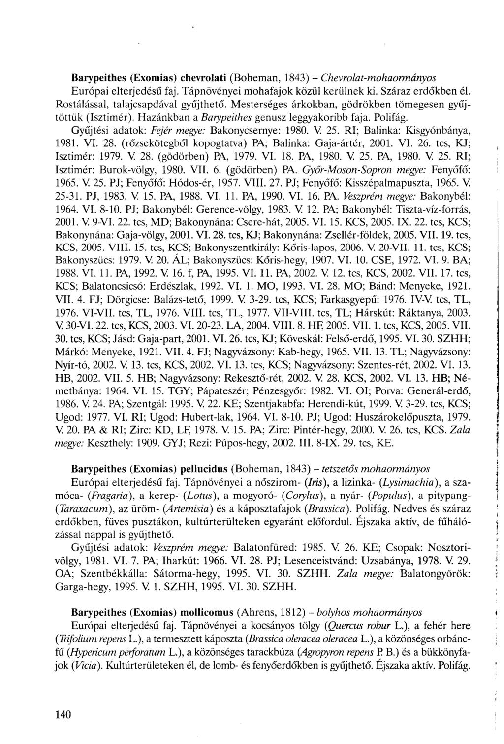 Barypeithes (Exomias) chevrolati (Boheman, 1843) - Chevrolat-mohaoimányos Európai elterjedésű faj. Tápnövényei mohafajok közül kerülnek ki. Száraz erdőkben él. Rostálással, talajcsapdával gyűjthető.