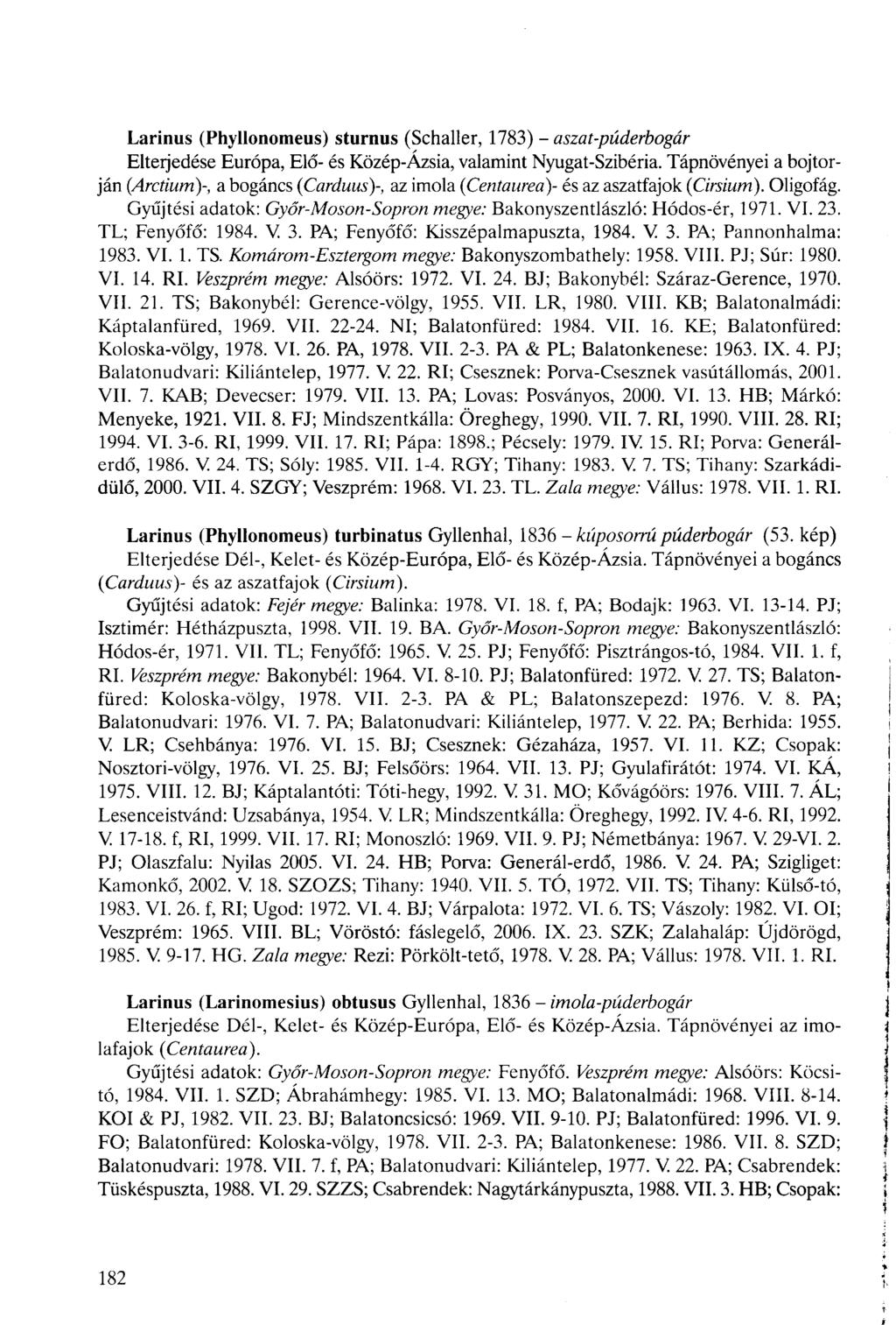 Larinus (Phyllonomeus) sturnus (Schaller, 1783) - aszat-púderbogár Elterjedése Európa, Elő- és Közép-Ázsia, valamint Nyugat-Szibéria.