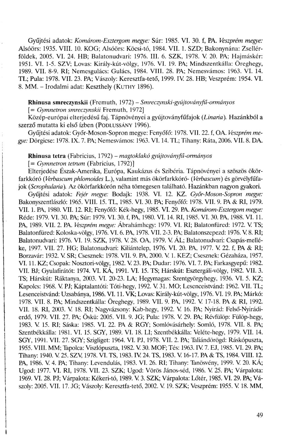 Gyűjtési adatok: Komárom-Esztergom megye: Súr: 1985. VI. 30. f, PA. Veszprém megye: Alsóörs: 1935. VIII. 10. KOG; Alsóörs: Köcsi-tó, 1984. VII. 1. SZD; Bakonynána: Zsellérföldek, 2005. VI. 24.
