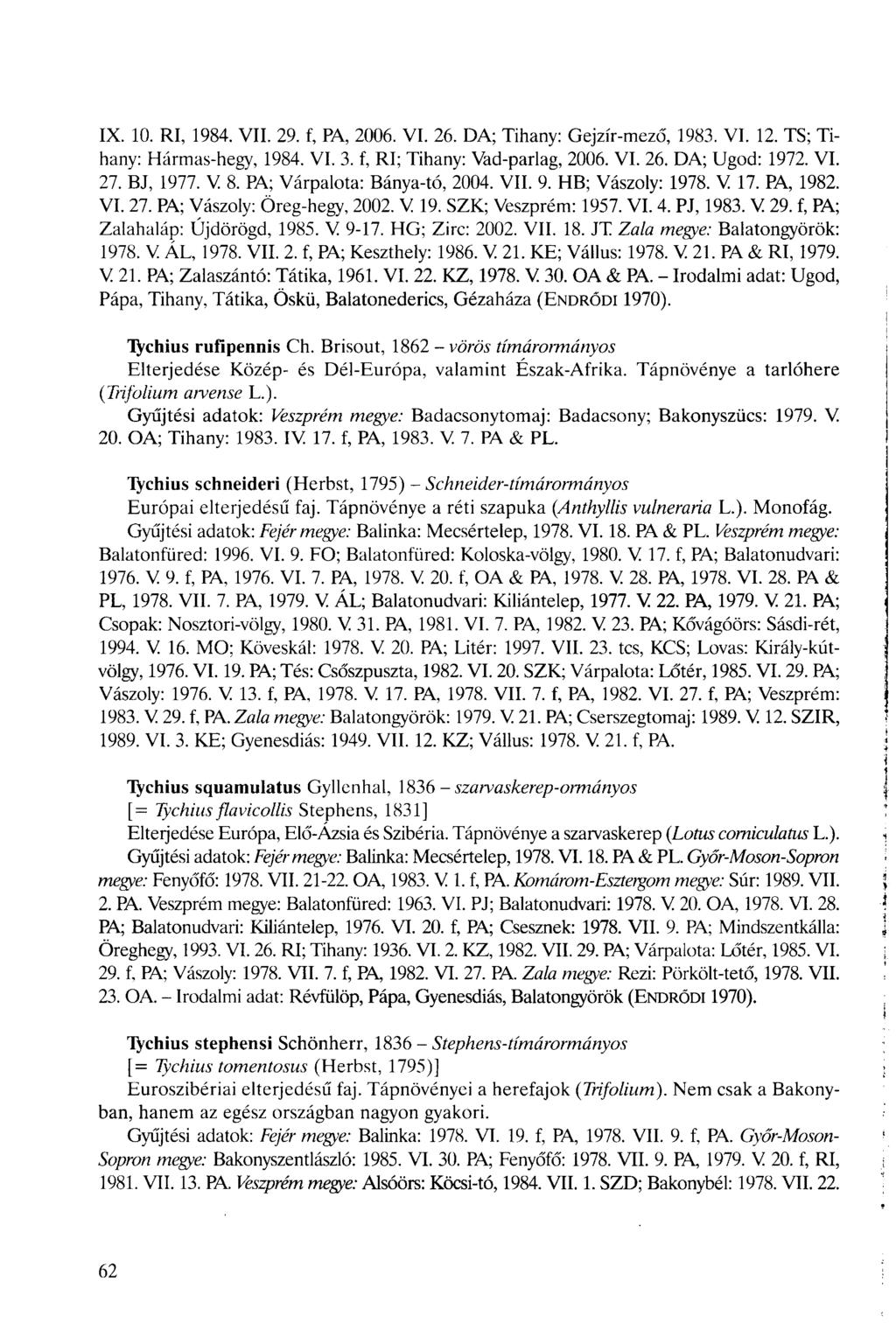 IX. 10. RI, 1984. VII. 29. f, PA, 2006. VI. 26. DA; Tihany: Gejzír-mező, 1983. VI. 12. TS; Tihany: Hármas-hegy, 1984. VI. 3. f, RI; Tihany: Vad-parlag, 2006. VI. 26. DA; Ugod: 1972. VI. 27. BJ, 1977.