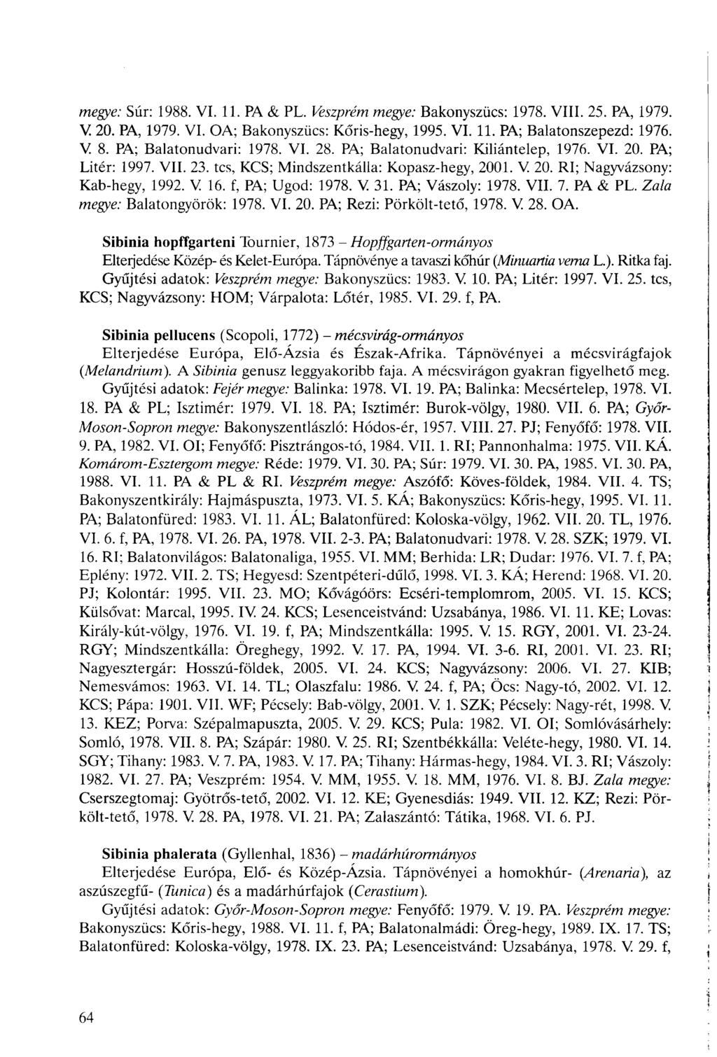 megye: Súr: 1988. VI. 11. PA & PL. Veszprém megye: Bakonyszücs: 1978. VIII. 25. PA, 1979. V 20. PA, 1979. VI. OA; Bakonyszücs: Kőris-hegy, 1995. VI. 11. PA; Balatonszepezd: 1976. V 8.
