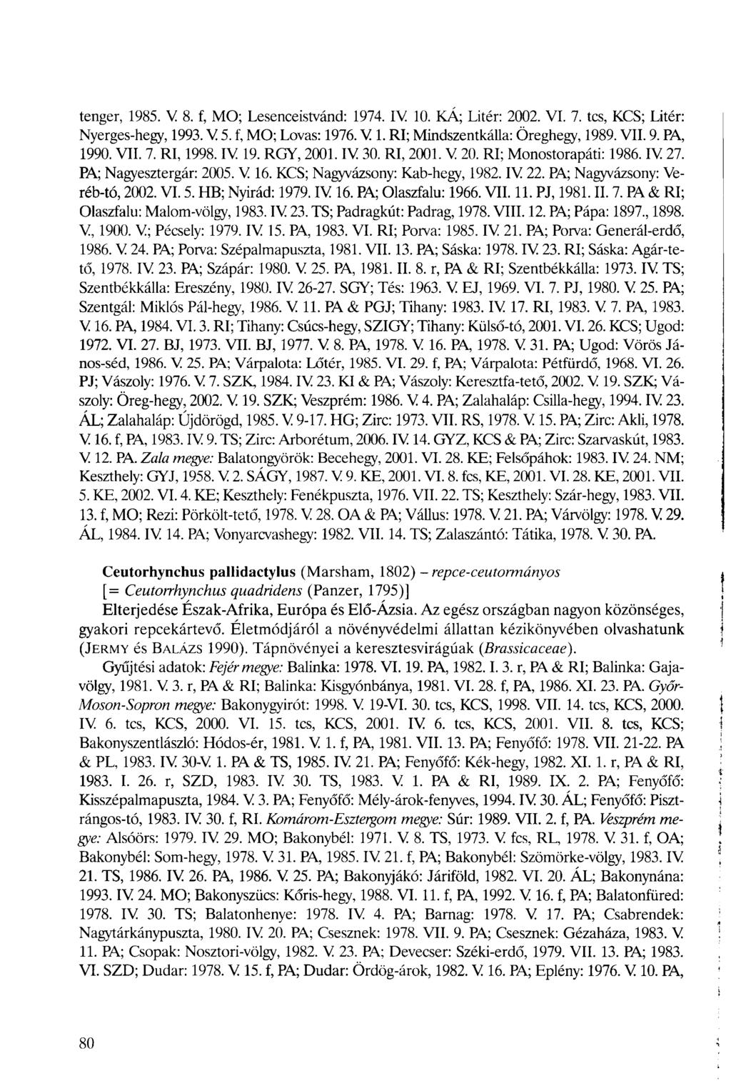 tenger, 1985. V 8. f, MO; Lesenceistvánd: 1974. IV 10. KÁ; Liter: 2002. VI. 7. tes, KCS; Liter: Nyerges-hegy, 1993. V 5. f, MO; Lovas: 1976. V 1. RI; Mindszentkálla: Öreghegy, 1989. VII. 9. PA, 1990.