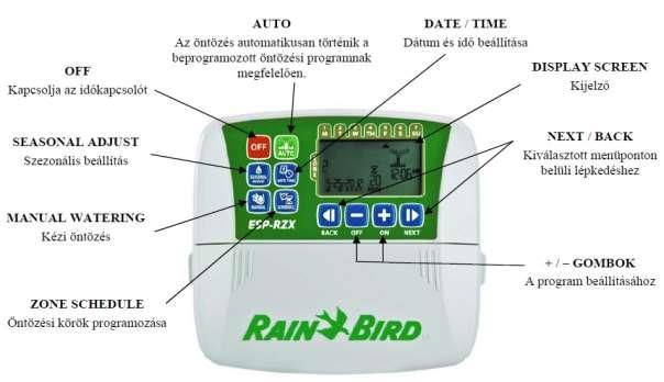Rain Bird ESP-RZX időkapcsoló Több, mint hét évtizede a Rain Bird az öntözési iparág vezetője, kiváló minőségű termékeivel és szolgáltatásaival, melyek a korszerű vízkezelésről gondoskodnak.