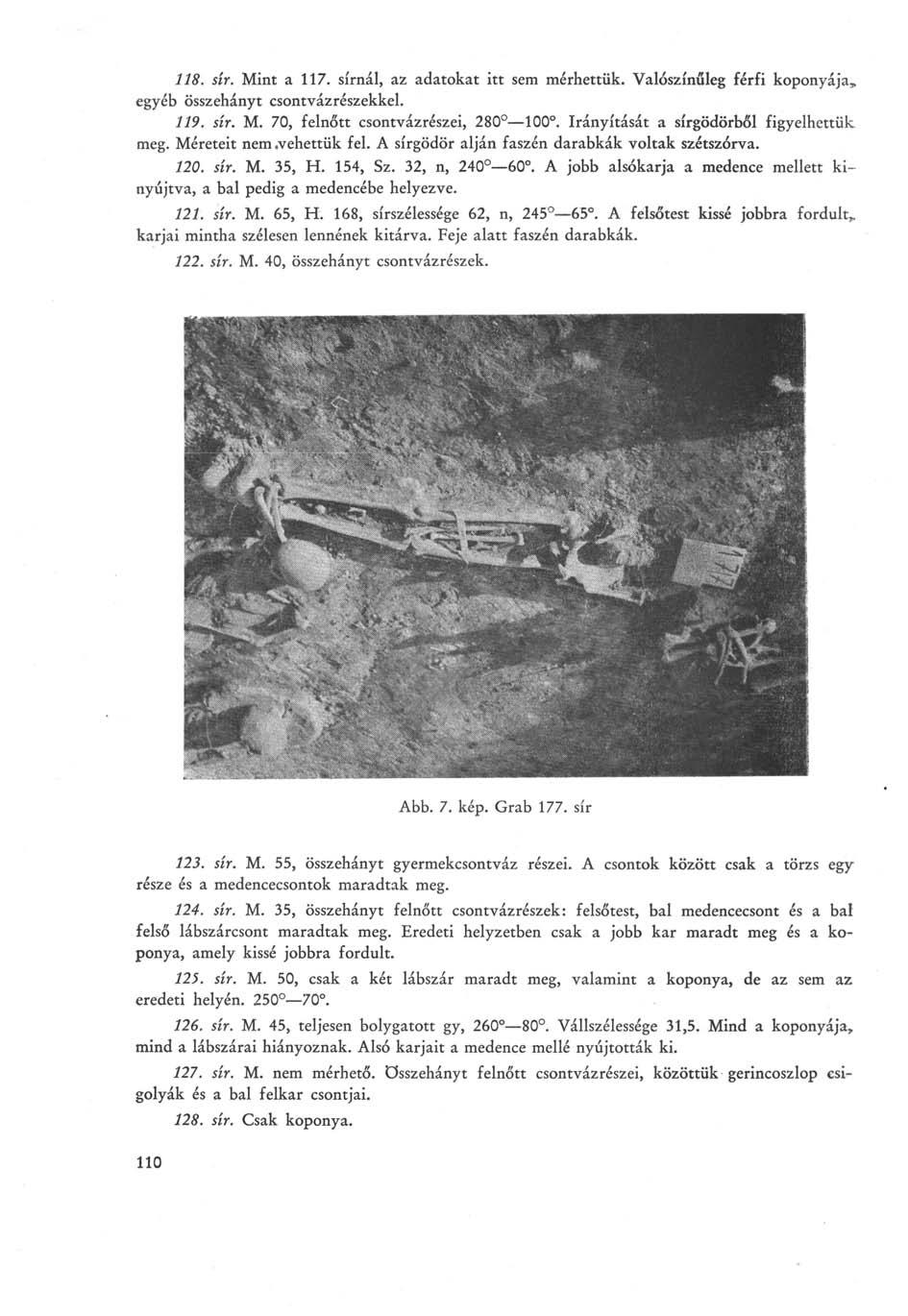 118. sír. Mint a 117. sírnál, az adatokat itt sem mérhettük. Valószínűleg férfi koponyája, egyéb összehányt csontvázrészekkel. 119. sír. M. 70, felnőtt csontvázrészei, 280 100.