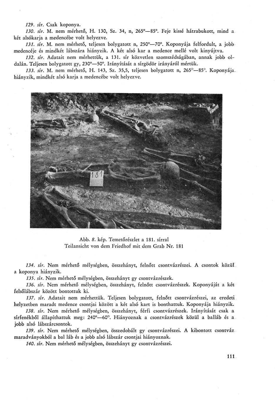 129. sír. Csak koponya. 130. sír. M. nem mérhető, H. 130, Sz. 34, n, 265 85. Feje kissé hátrabukott, mind a két alsókarja a medencébe volt helyezve. 131. sír. M. nem mérhető, teljesen bolygatott n, 250 70.