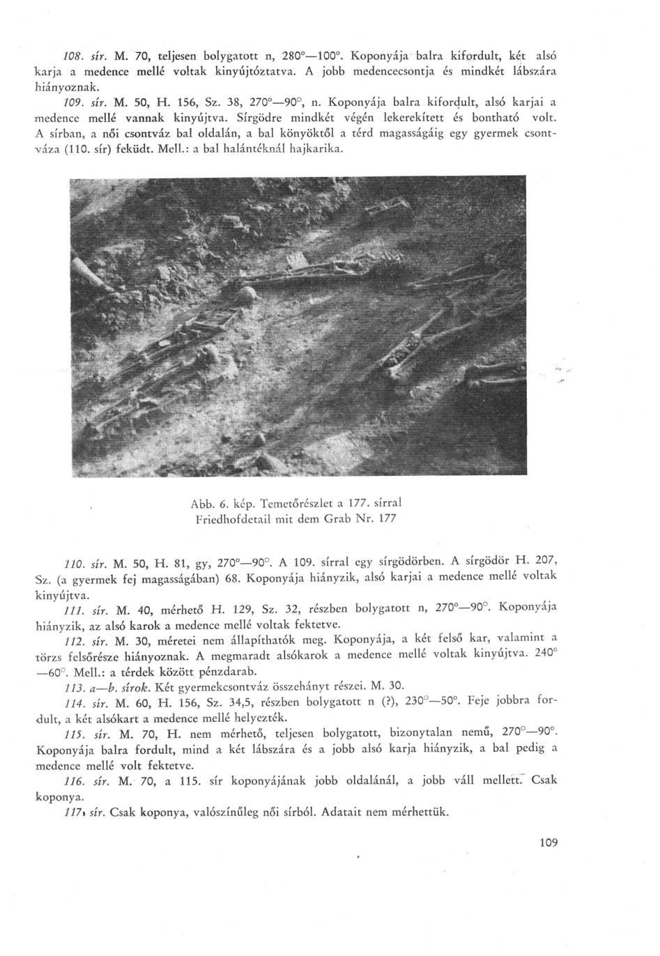 108. sír. M. 70, teljesen bolygatott n, 280 100. Koponyája balra kifordult, két alsó karja a medence mellé voltak kinyújtóztatva. A jobb medencecsontja és mindkét lábszára hiányoznak. 109. sír. M. 50, H.