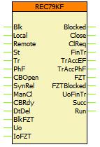 2 A KF Visszakapcsoló Automatika funkcióblokk Az automatikus visszakapcsoló funkció működését befolyásolják a beállított paraméterek és a 14m REC79KF funkcióra csatlakozó bináris jelek.