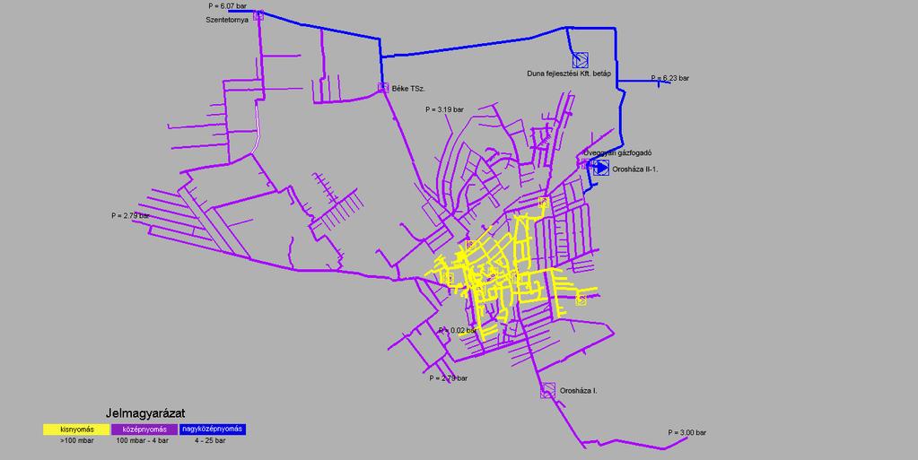 11. ábra A nagyközépnyomásba történő betáplálás esetén (a körzeti nyomásszabályozó állomások 3,5 bar szekunder oldali nyomásra