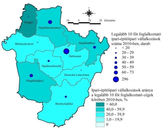 2. ábr Leglább 10 főt fogllkozttó ipri- építőipri válllkozások Hjdú-Bihr megye kistérségeiben (2010) (Forrás: Hjdú-Bihr megye területfejlesztési koncepcióját meglpozó feltáró-értékelő vizsgált. 2.