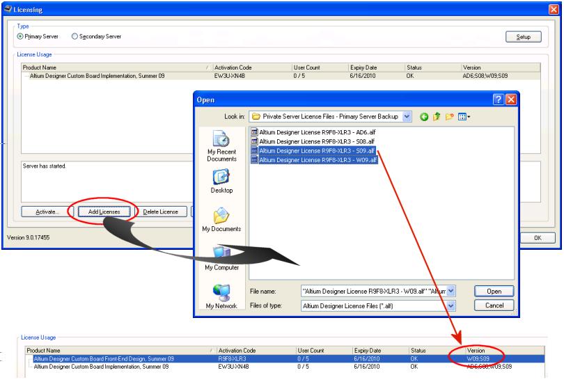 Egy Altium Designer Summer 09 verziójú Privát Szerver licencet összesen négy szoftververzió képes használni. Ha a szerverhez hozzá szeretnénk adni licencet, akkor csak a megfelel verzióhoz tartozó.