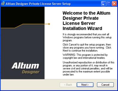 Ekkor az Altium Designer Private License Server Setup varázsló jelenik meg, a szoftver telepítéséhez kövessük a varázsló utasításait. 2.