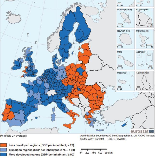 1. ábra: Az Európai Unió kevésbé fejlett (narancs), átmeneti (világoskék) és fejlettebb (sötétkék) régiói az egy főre jutó GDP alapján. (Forrás: Eurostat.