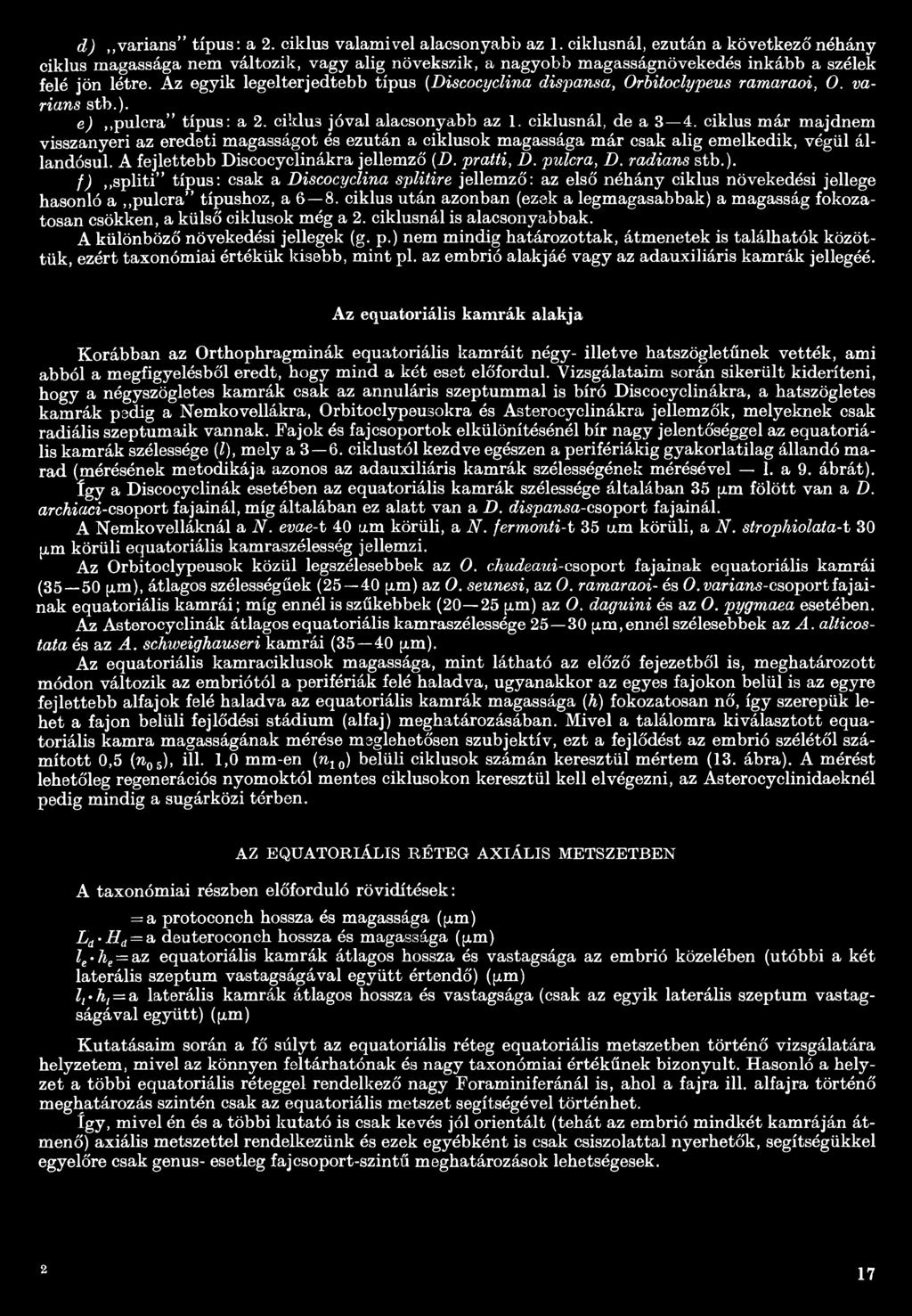 Az egyik legelterjedtebb típus (Discocyclina dispansa, Orbitoclypeus ramaraoi, 0. varians stb.). e) pulcra típus: a 2. ciklus jóval alacsonyabb az 1. ciklusnál, de a 3 4.