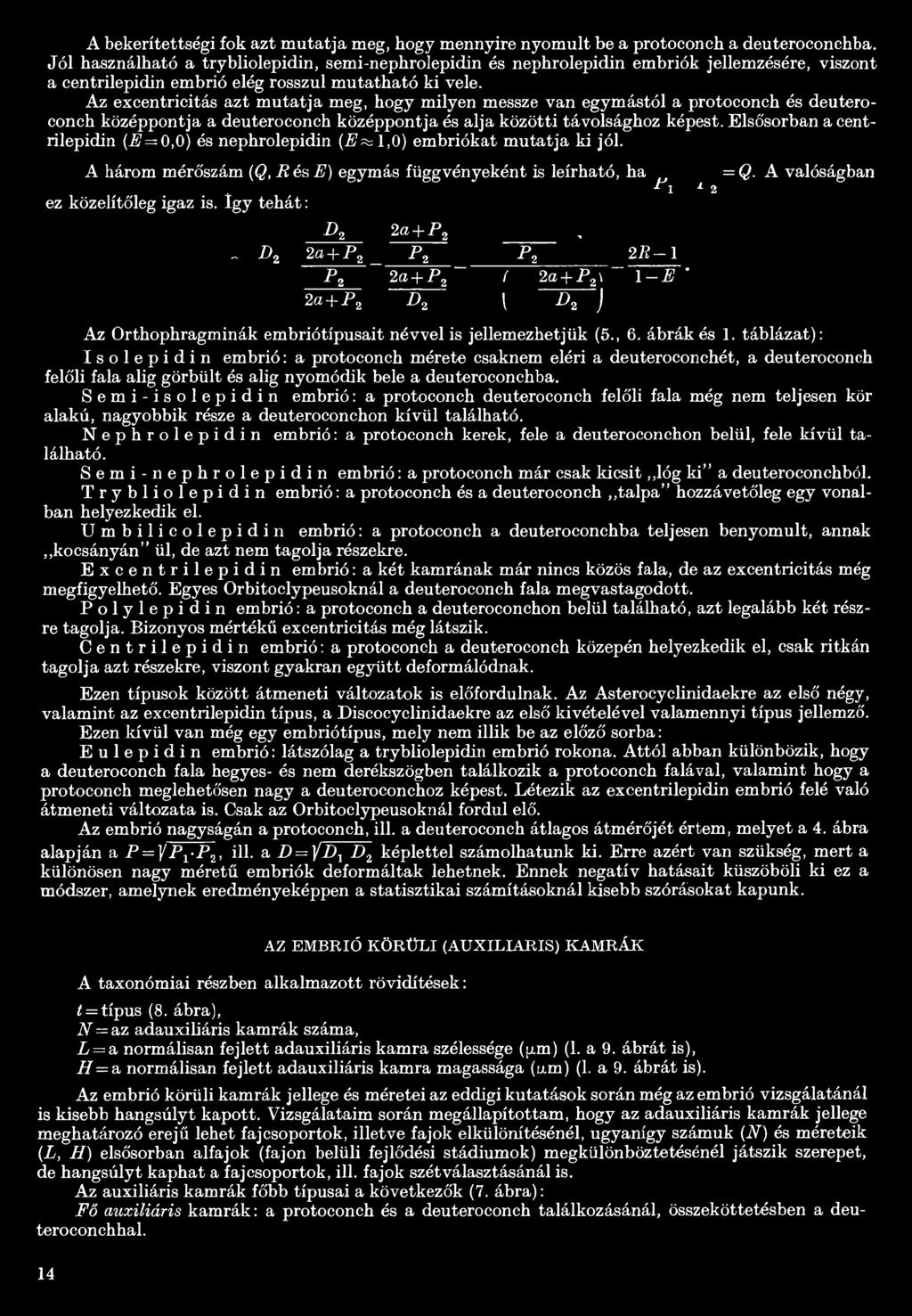 Az excentricitás azt mutatja meg, hogy milyen messze van egymástól a protoconch és deuteroconch középpontja a deuteroconch középpontja és alja közötti távolsághoz képest.