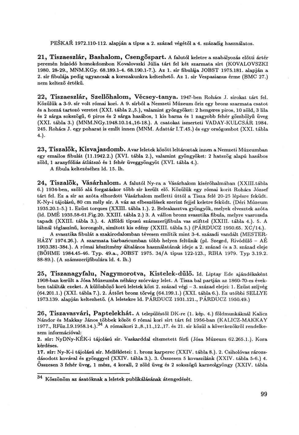 PESKAR 1972.110-112. alapján a típus a 2. század végétől a 4. századig használatos. 21, Tiszaeszlár, Bashalom, Csengőspart.