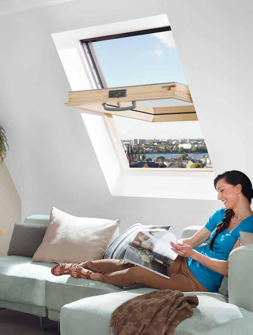 Handwerk RotoQ Roto billenő tetőtéri ablak, felső kilinccsel és 2-rétegű üveggel Nyitásmód A szellőztetés egyszerű és biztonságos Kényelemre fejlesztve A RotoQ középen billenő