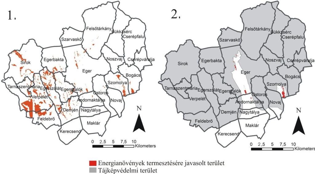 5. ábra. Az energianövények termesztésére javasolható területek (1.) és ennek leszűkítése a tájképvédelmi övezetekkel (2.