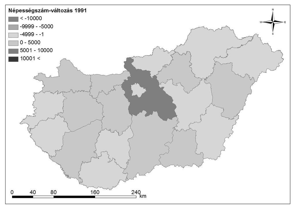 2.4. A megyék népességszám-változása A megyék népességszám-változás vizsgálata során 19 megyét plusz a fővárost tekintettem át, így a 20 területi egységből 4 esetében növekedett a népesség az eltelt