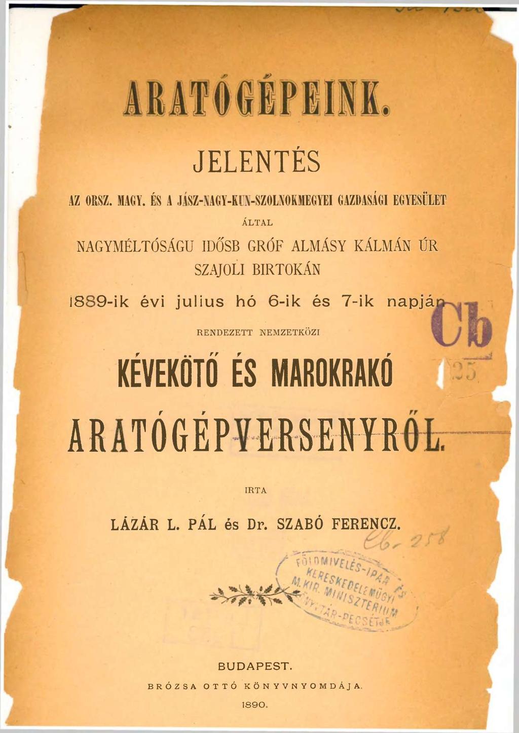 ARATOGÉPEINK. JELENTÉS AZ ORSZ. MAGY.