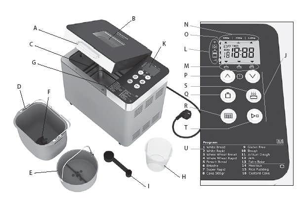 A készülék bemutatása A készülék fő részei A. tető fogantyú B. megtekintő ablak C. fűtőbetét D. kenyérsütő edény E. tésztasütő edény F. dagasztó G. meghajtó tengely H. mérőcsésze I.