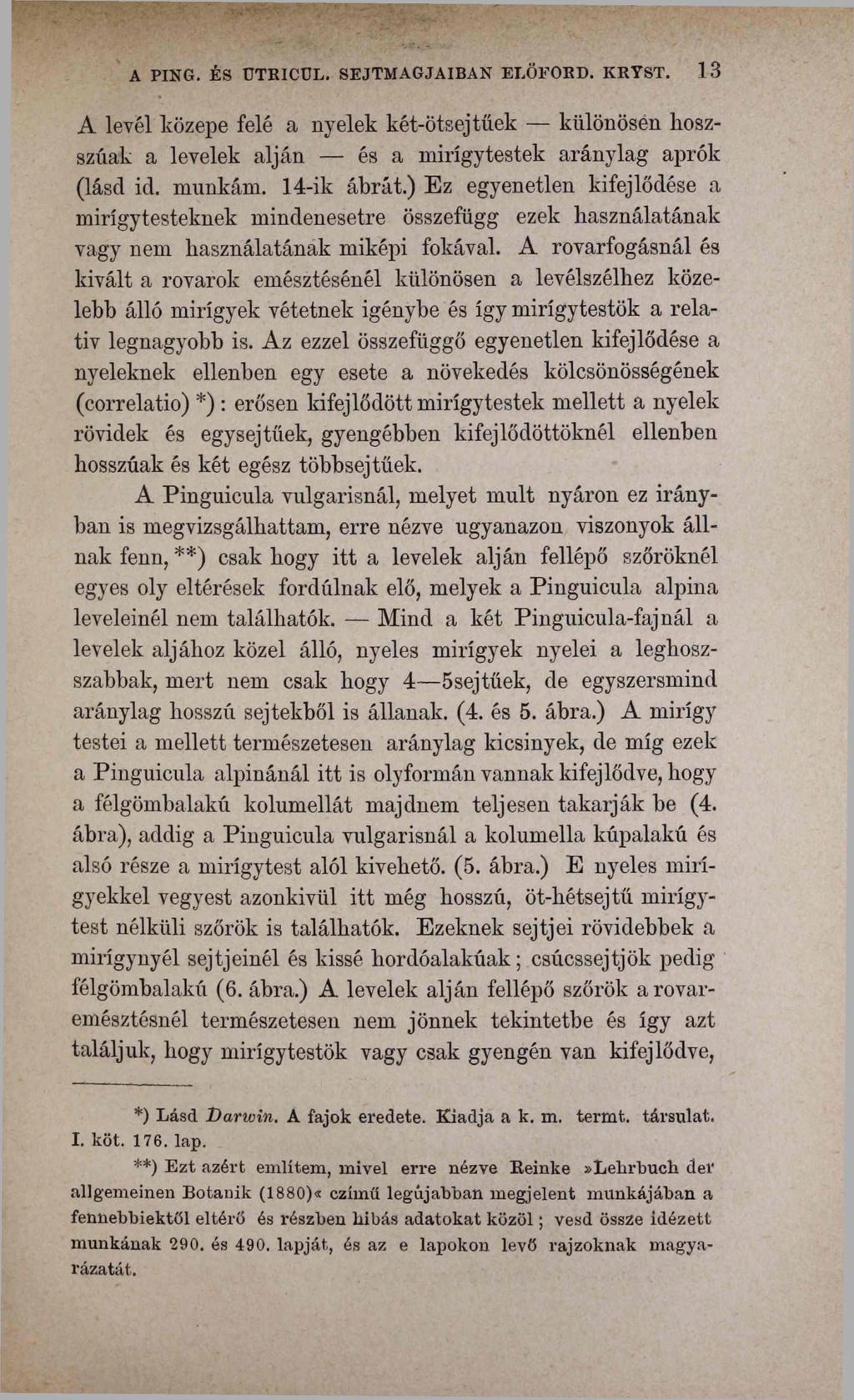 A PING. ÉS UTKICUL. SEJTMAGJAIBAN ELÖFOBD. KRYST. 13 A levél közepe felé a nyelek két-ötsejtűek különösen hoszszúak a levelek alján és a mirigy testek aránylag aprók (lásd id. munkám. 14-ik ábrát.