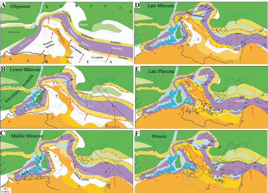 12 10. ábra. Az alpi orogén hatása Európa földközi-tengeri zónájában, A) oligocén, B) kora-miocén, C) középső-miocén, D) késő-miocén, E) későpliocén, F) napjainkban (MANTOVANI et al. 2002) Figure 10.