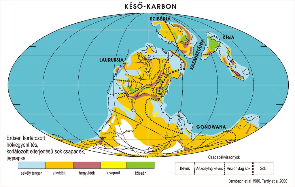 ~300 Ma Pangea szuperkontinens: nagy É-D-i és K-Ny-i hegyláncok hőcsere erősen korlátozódik, Pangea D-i része nagymértékű