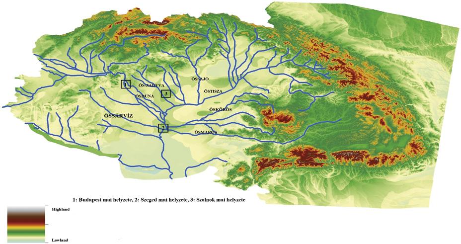 2. ábra. Az ősi Duna folyó kiskunsági területen kialakított szétágazó hordalékkúpot építő mederrendszere a pleisztocén középső szakaszában Figure 2.
