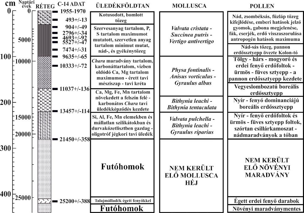 6. ábra. Az izsáki kolontavi mésziszap lelőhely földtani szelvénye és a szelvény környezettörténeti vizsgálatának eredményei (Sümegi, 2007a nyomán) Figure 6.