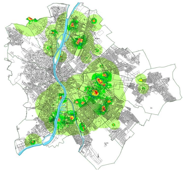 52. ábra: Üzemi zajterhelés Budapesten, L den (Adatforrás: Budapest és