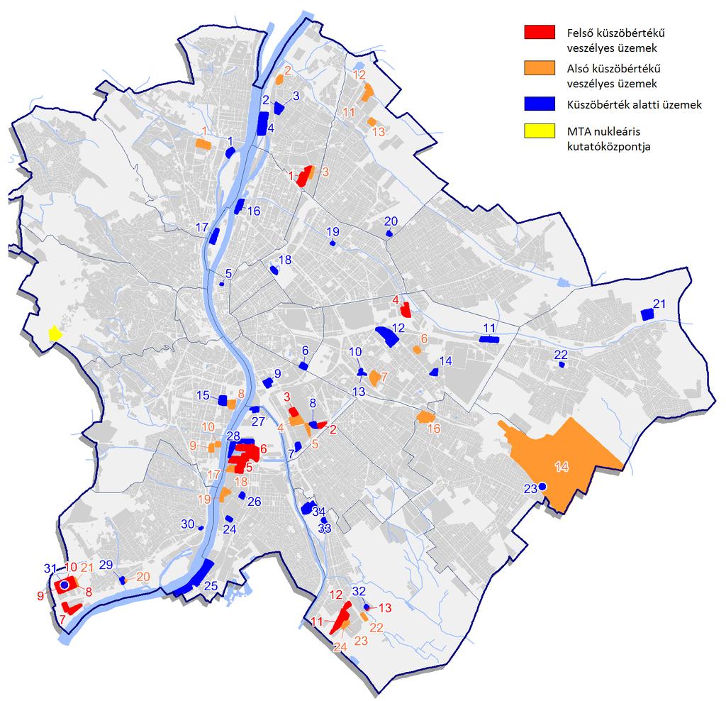 többek között a gyógyszer-, a vegyi-, a gáz- és olajipari üzemek, erőművek, és raktározási telephelyek is. A legtöbb veszélyes üzem a X., XXI., XXII. és XXIII. kerületekben található. 76.