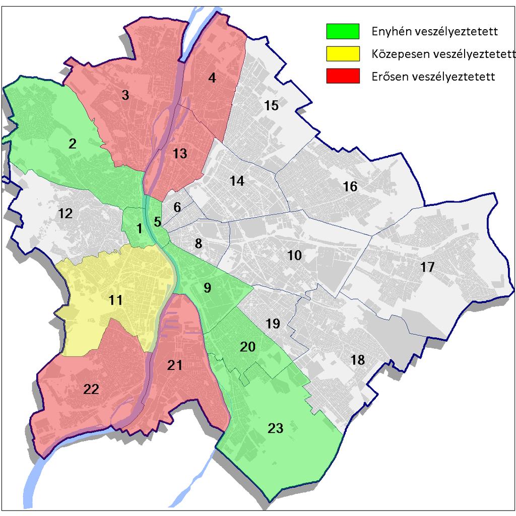 81. ábra: Kerületek árvíz-veszélyeztetettségi foka Budapest önálló védekezési egységként kezelendő.